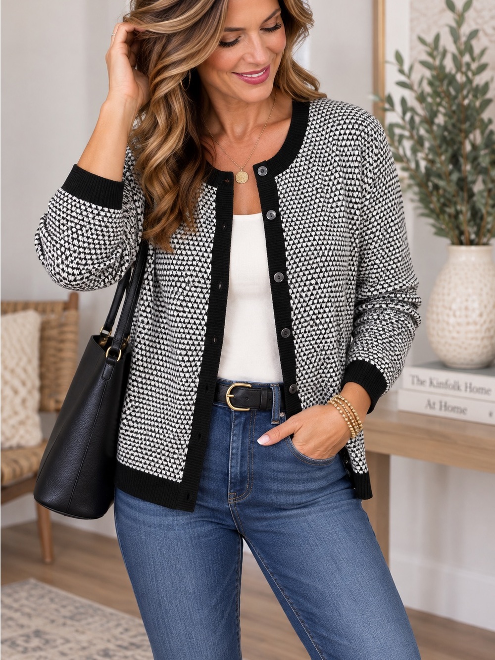 croft & barrow Black and White Button-Front Knit Cardigan